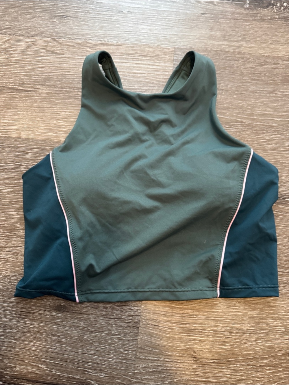 Athleta Olive High-Neck Padded Swim Top with Teal Panels and Pink Trim